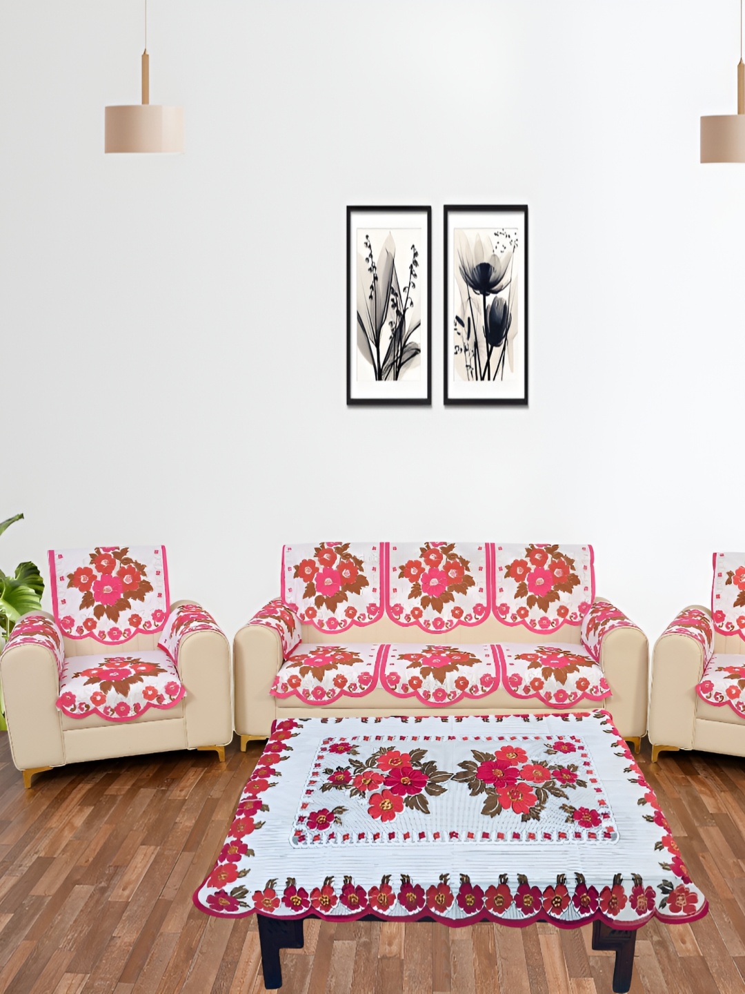 

BIGGER FISH Pink & Cream Embroidered 5 Seater Sofa Cover