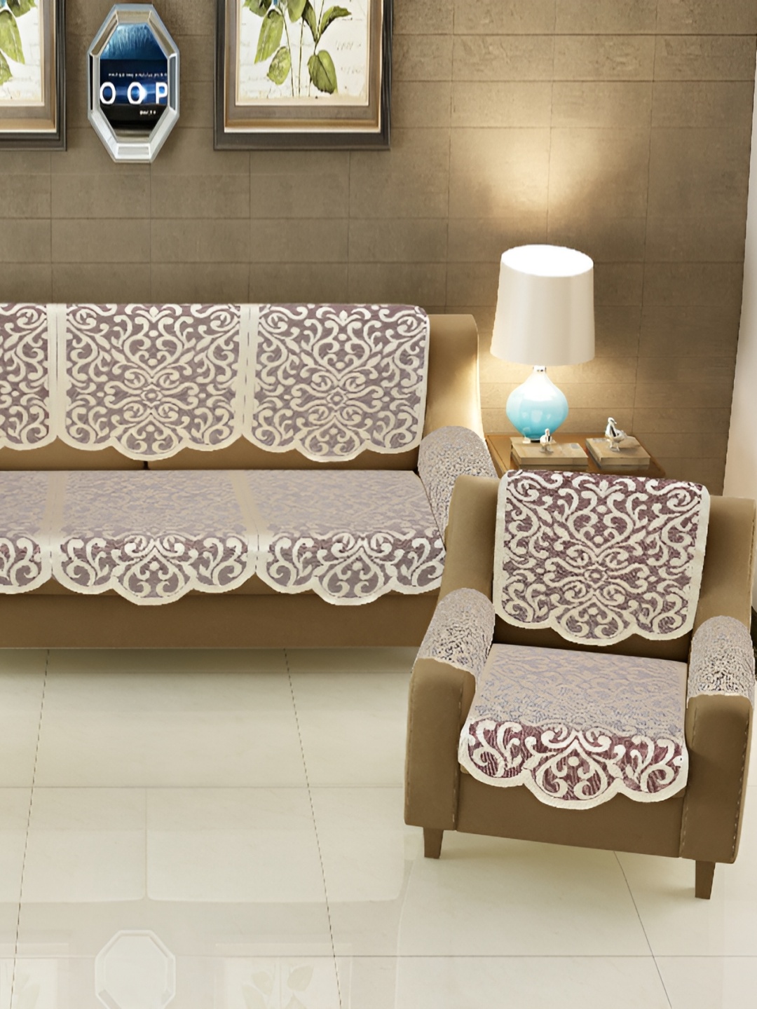 BIGGER FISH Maroon Embroidered 5 Seater Sofa Cover