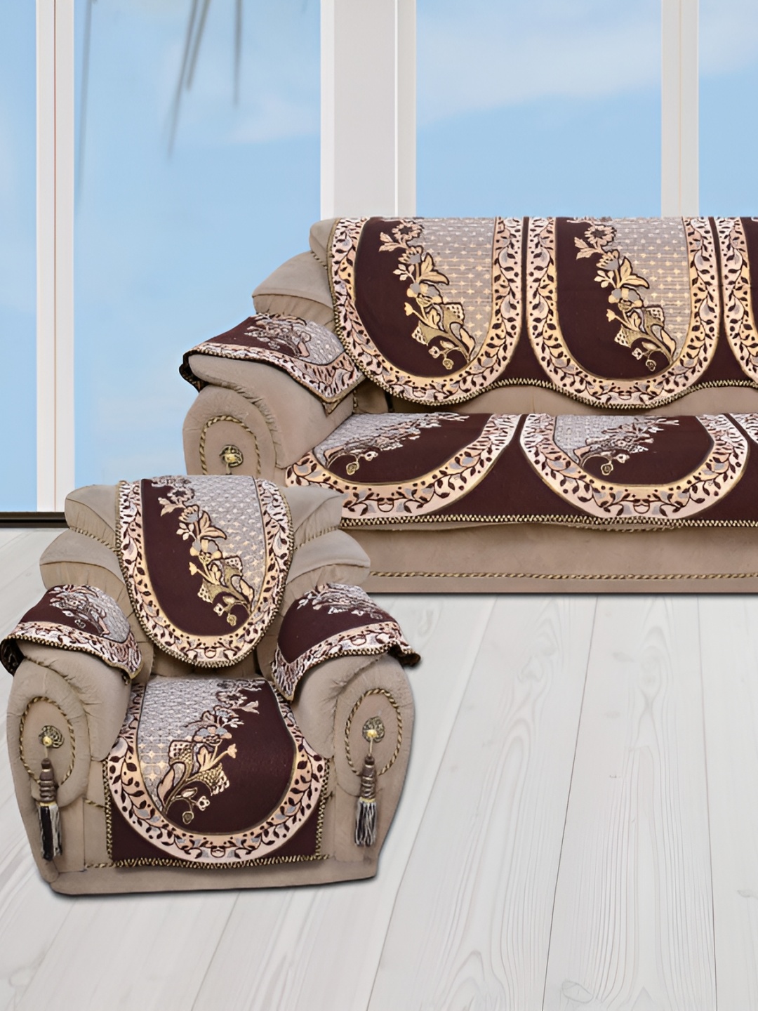 BIGGER FISH Brown 6 Pieces 3 Seater Sofa Cover