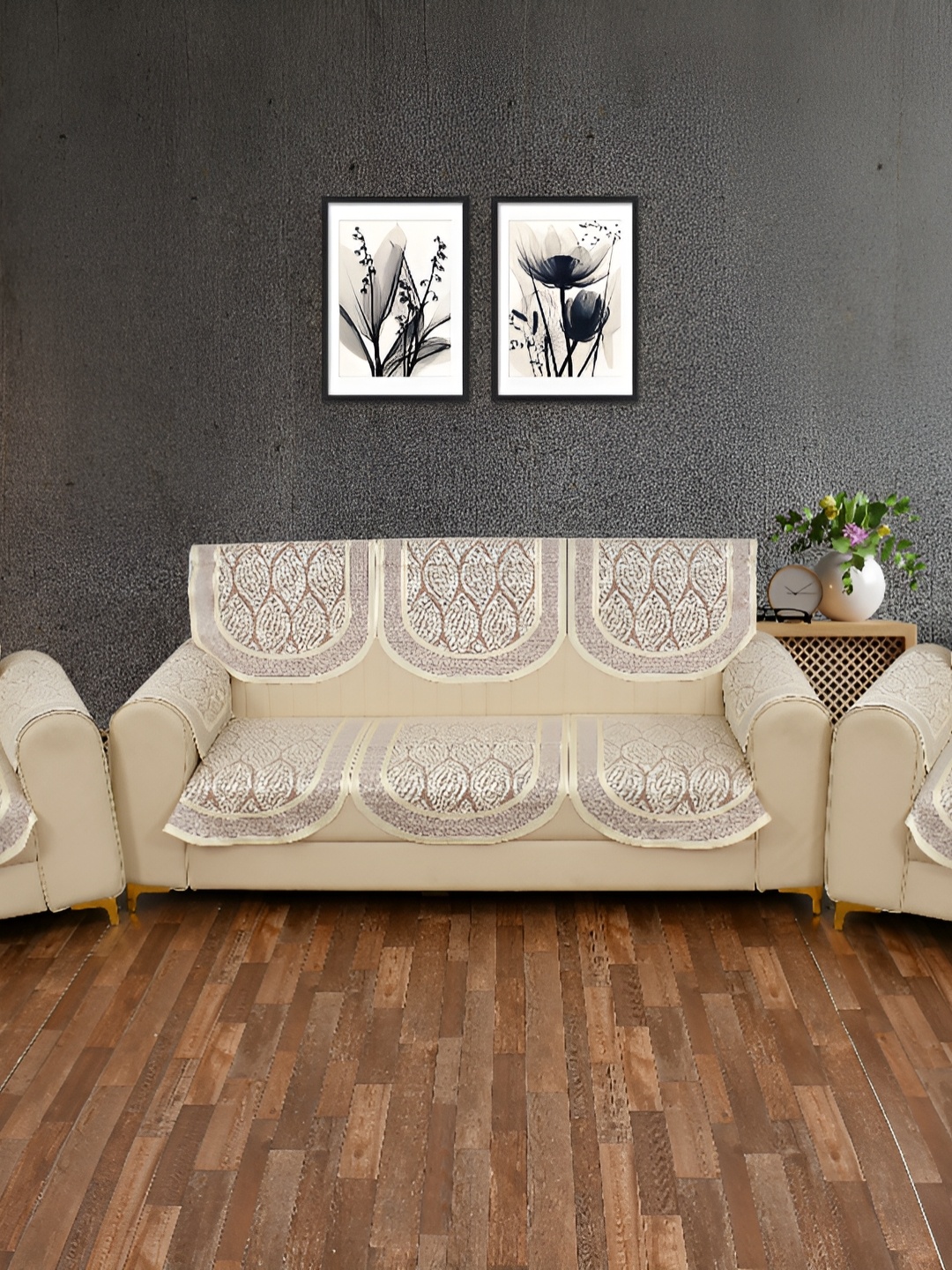 

BIGGER FISH Maroon Floral 10 Pcs 5 Seater Sofa Cover