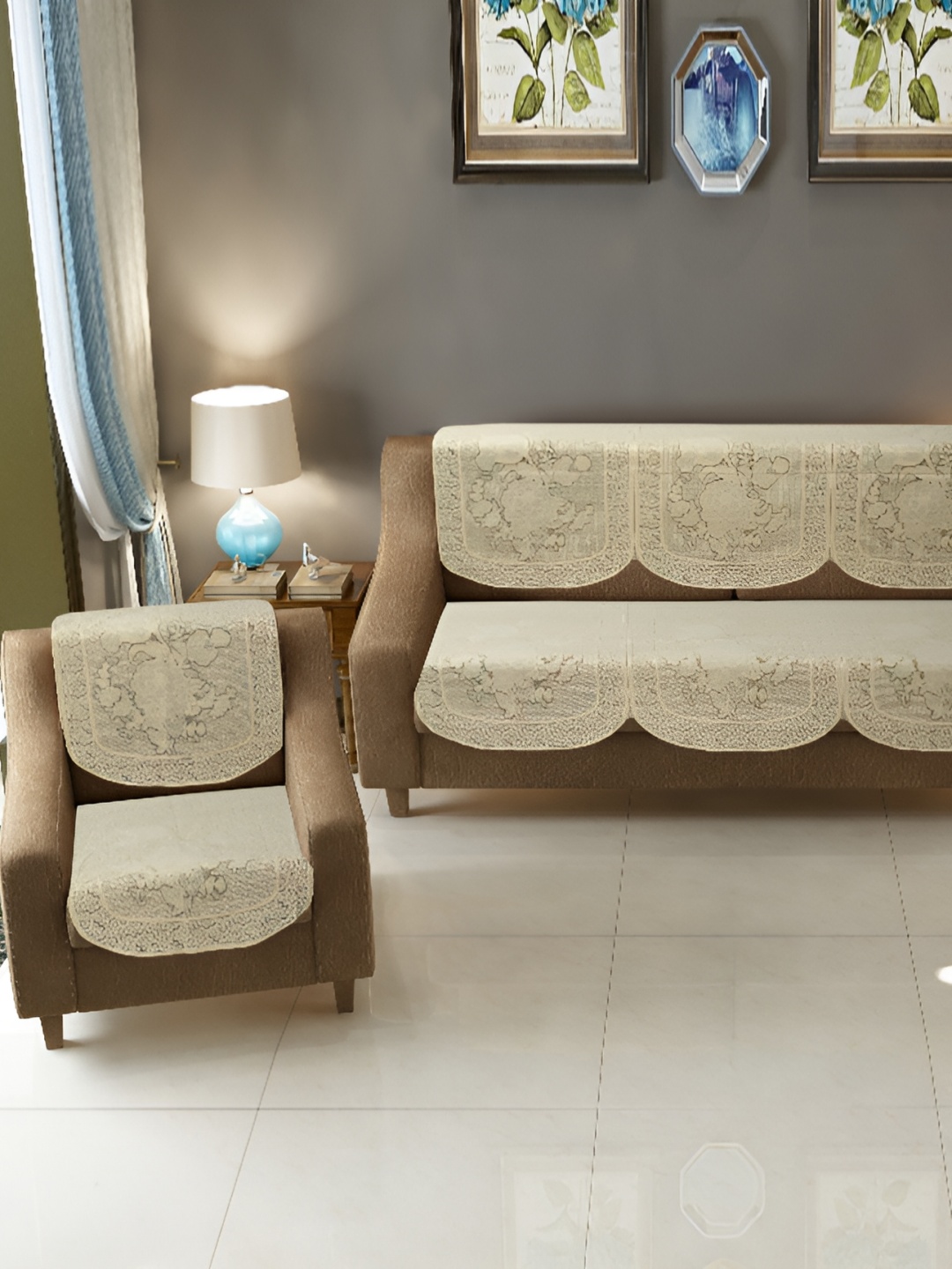 

BIGGER FISH Beige Floral 10 Pieces 5 Seater Sofa Cover