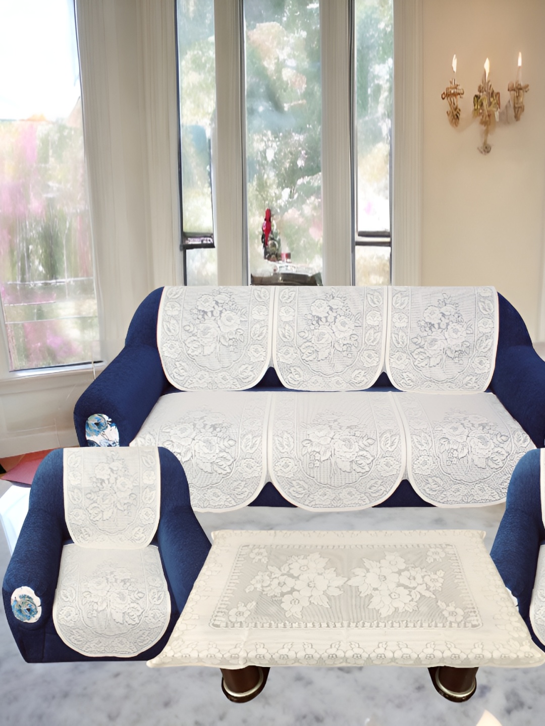BIGGER FISH White Embroidered 5 Seater Sofa Cover