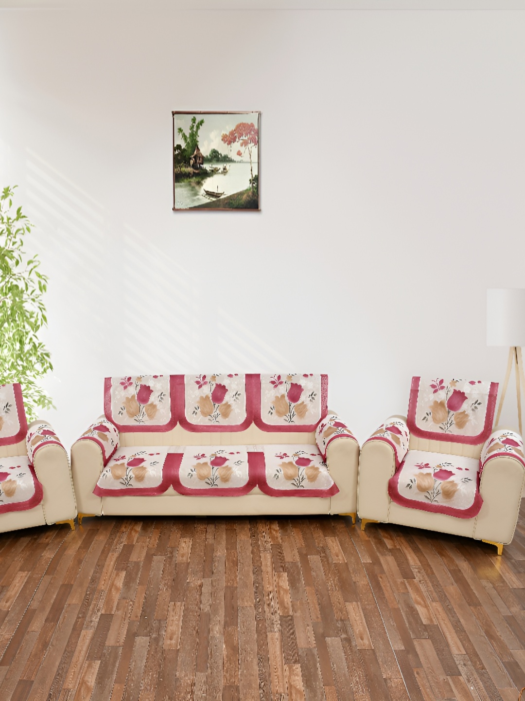 

BIGGER FISH Maroon 16 Pieces Self Design 5 Seater Sofa Cover With Arms Cover