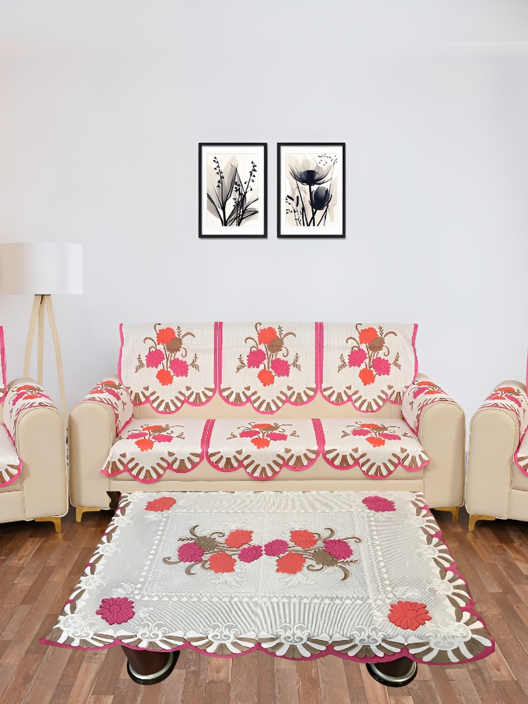 BIGGER FISH White Floral 10 Pieces 5 Seater Sofa Cover