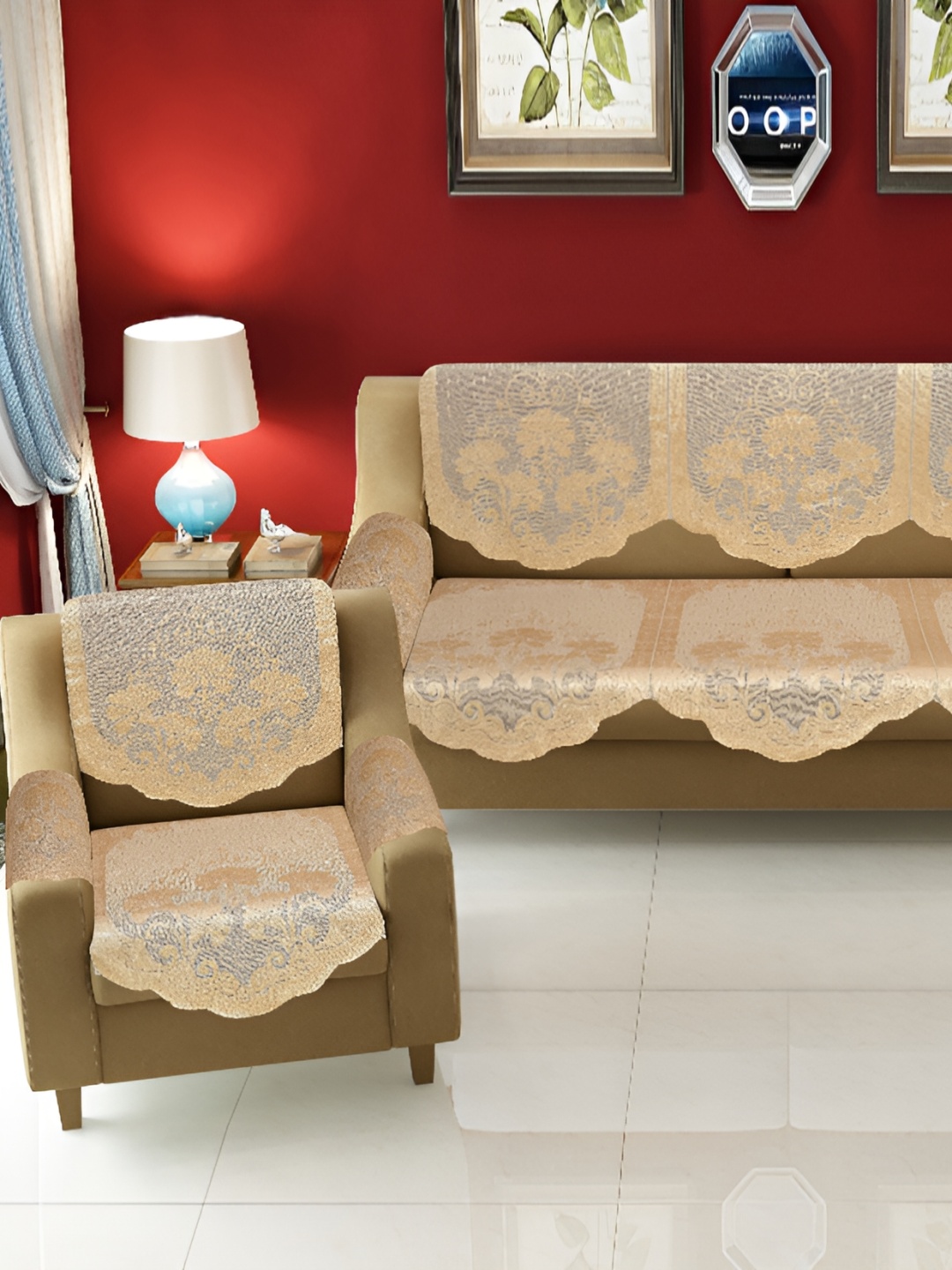 BIGGER FISH Beige 10 Pieces Self Design Sofa Covers