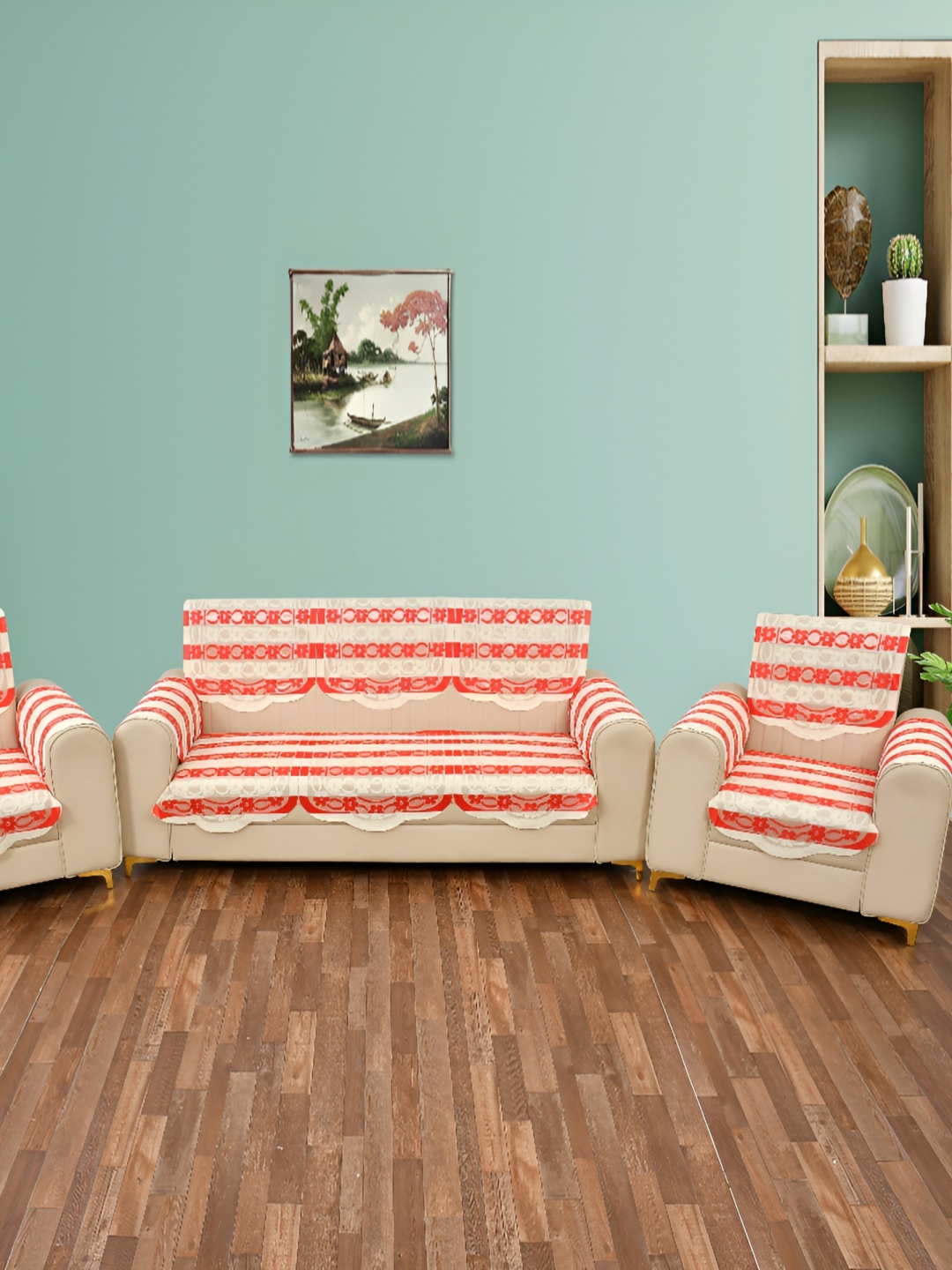 BIGGER FISH Beige & Red 10 Pcs 5 Seater Sofa Cover