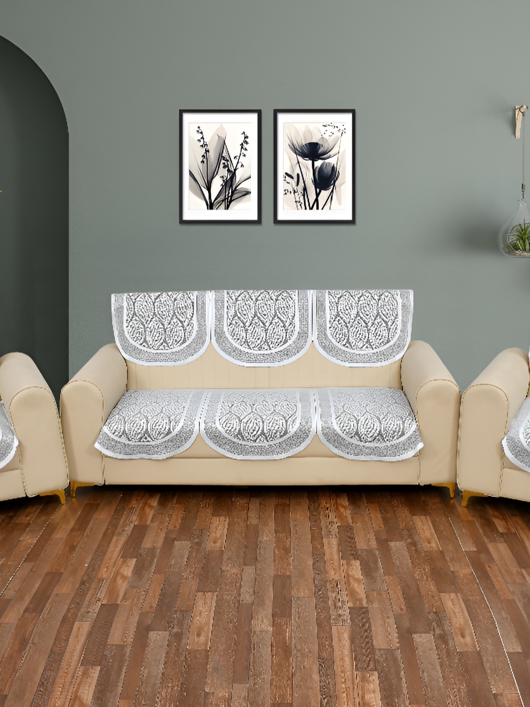 BIGGER FISH Grey Floral 10 Pieces 5 Seater Sofa Cover