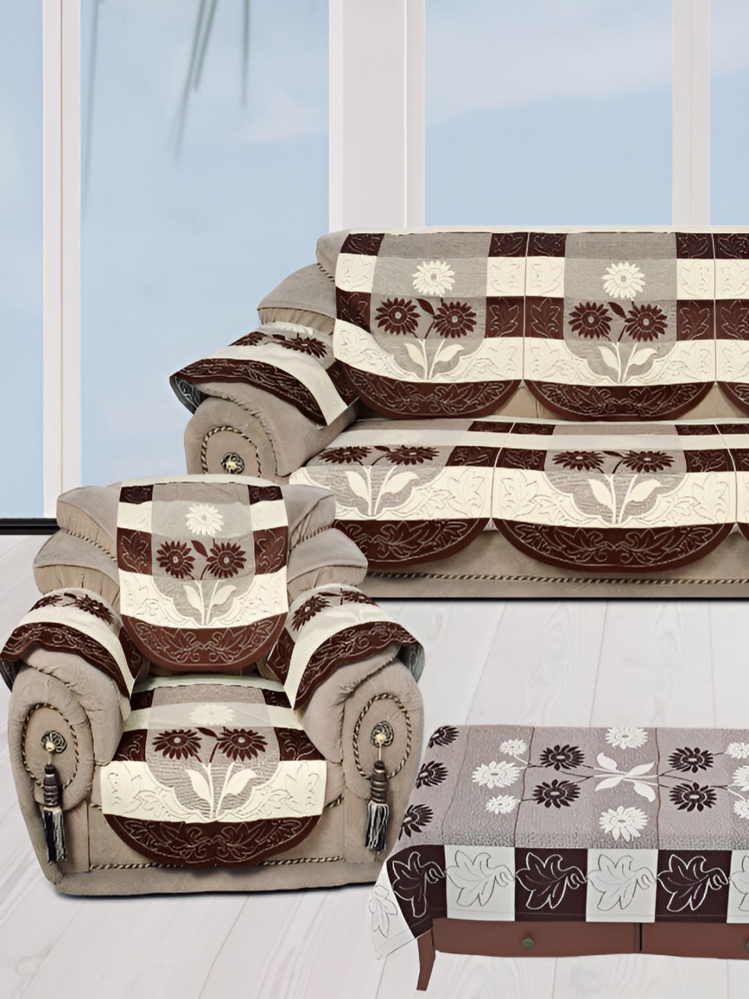 BIGGER FISH Brown & Cream Embroidered 5 Seater Sofa Cover