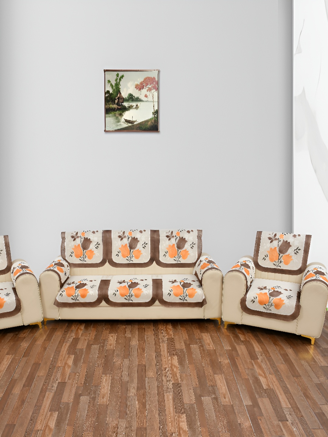 

BIGGER FISH Brown and Orange 16 Pieces Self Design Sofa Covers
