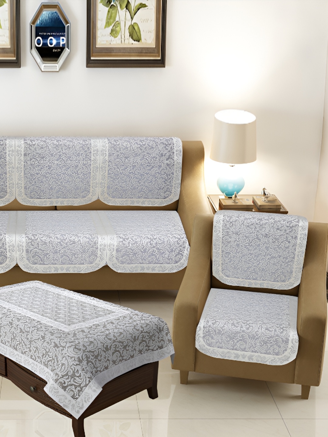 BIGGER FISH Grey Embroidered 5 Seater Cotton Sofa Cover