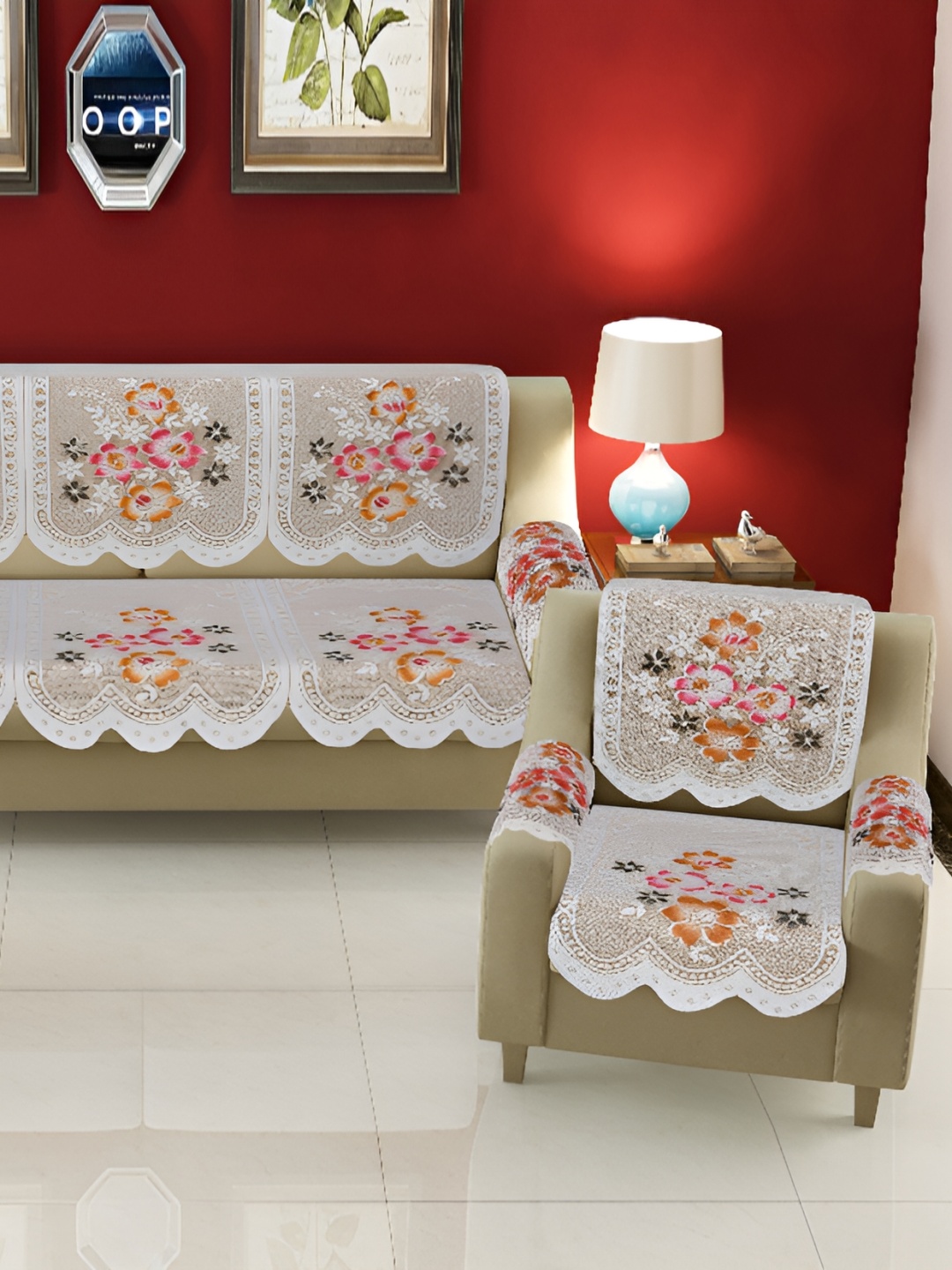

BIGGER FISH Beige & White Embroidered 5 Seater Sofa Cover
