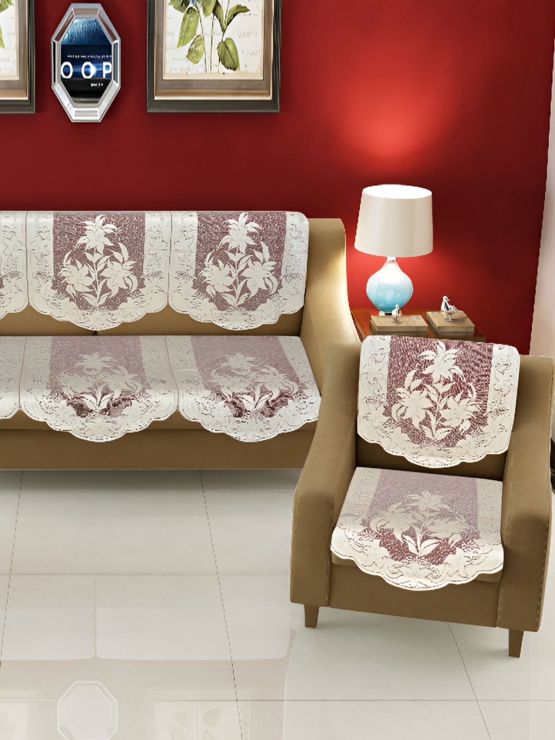 

BIGGER FISH Maroon Embroidered 5 Seater Sofa Cover
