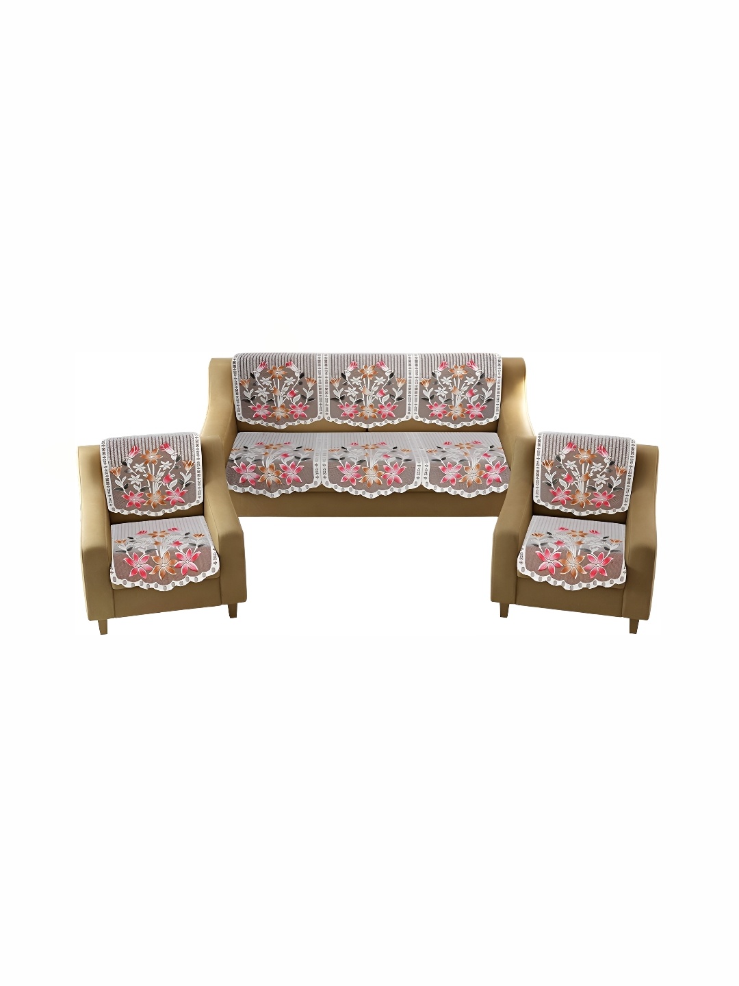 BIGGER FISH Brown Floral 10 Pieces 5 Seater Sofa Covers