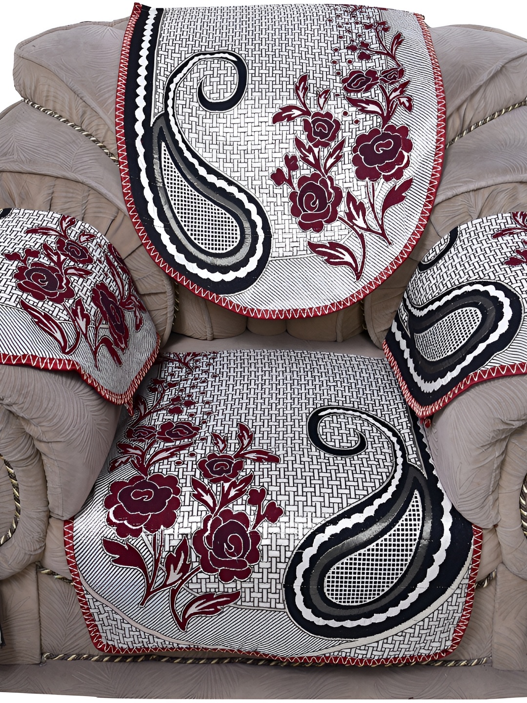 

BIGGER FISH Grey Cotton Floral 10 Pieces 5 Seater Sofa Cover