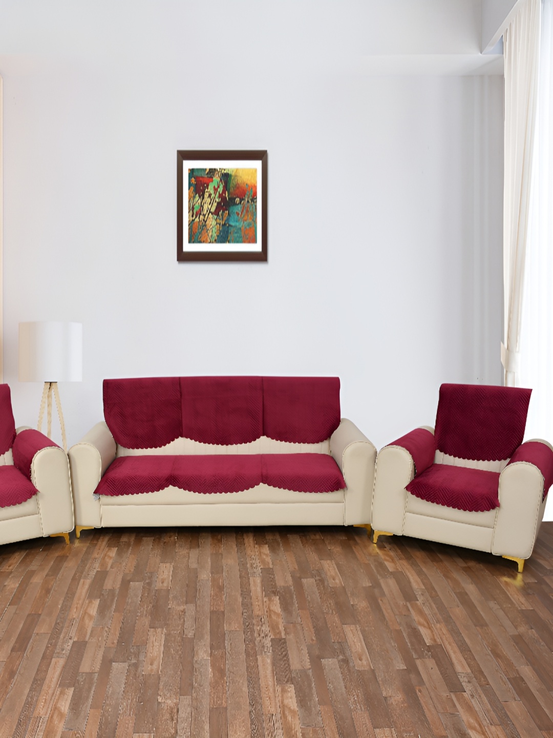 

BIGGER FISH Maroon Floral 10 Pieces 5 Seater Sofa Cover