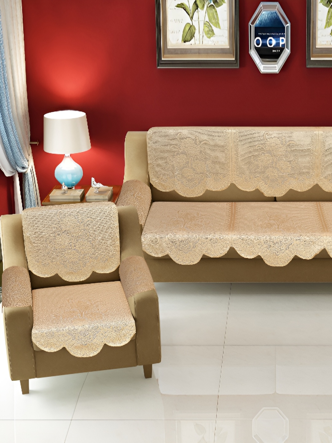 BIGGER FISH Beige 10 Pieces Self Design Sofa Covers