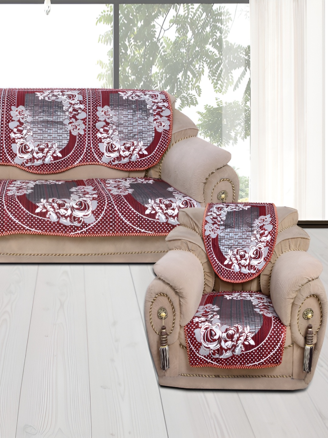 

BIGGER FISH Maroon Floral Cotton 6 Pcs 3 Seater Sofa Cover