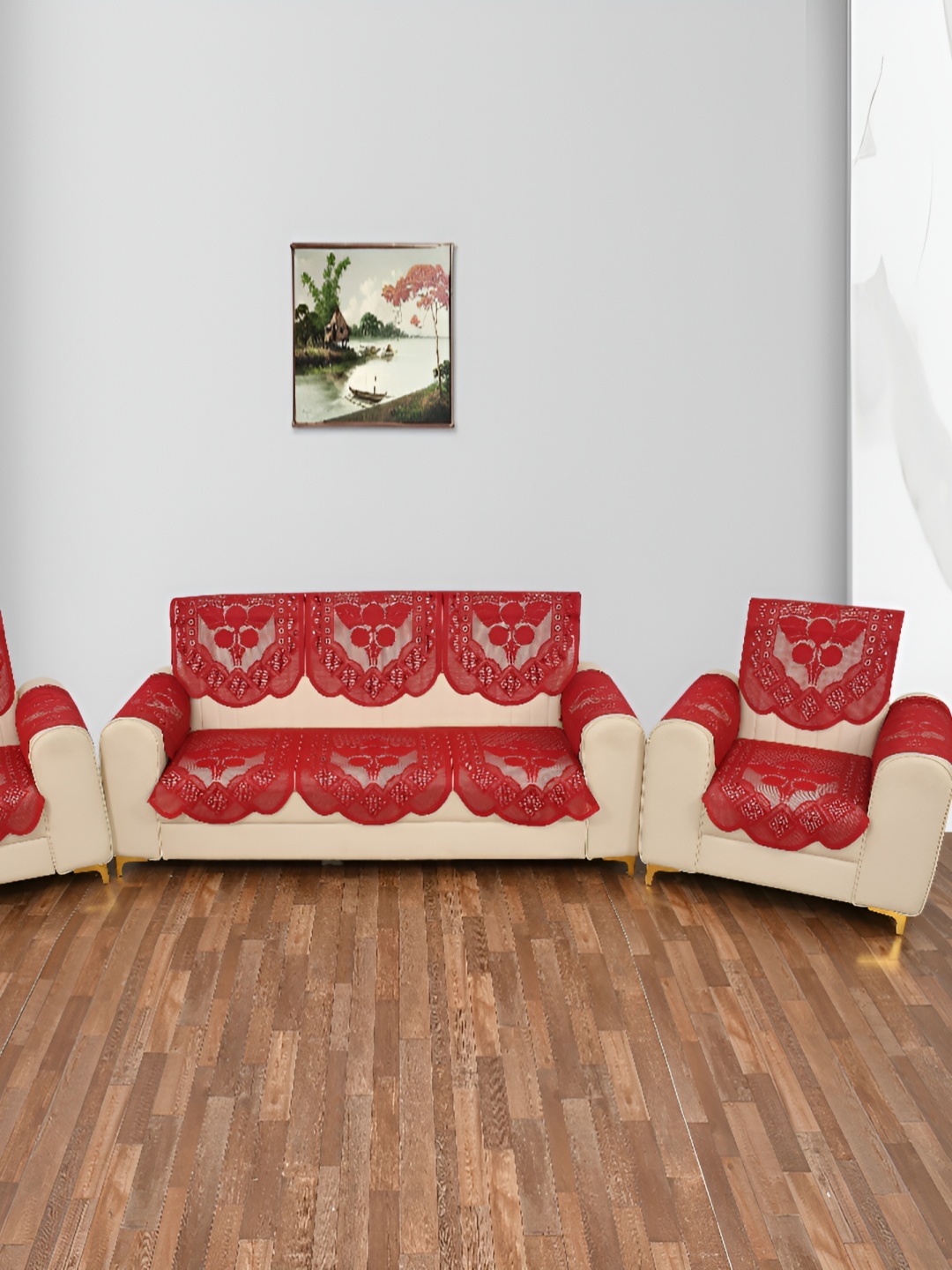 

BIGGER FISH Maroon 16 Pieces 5 Seater Self Design Sofa Cover With Arms