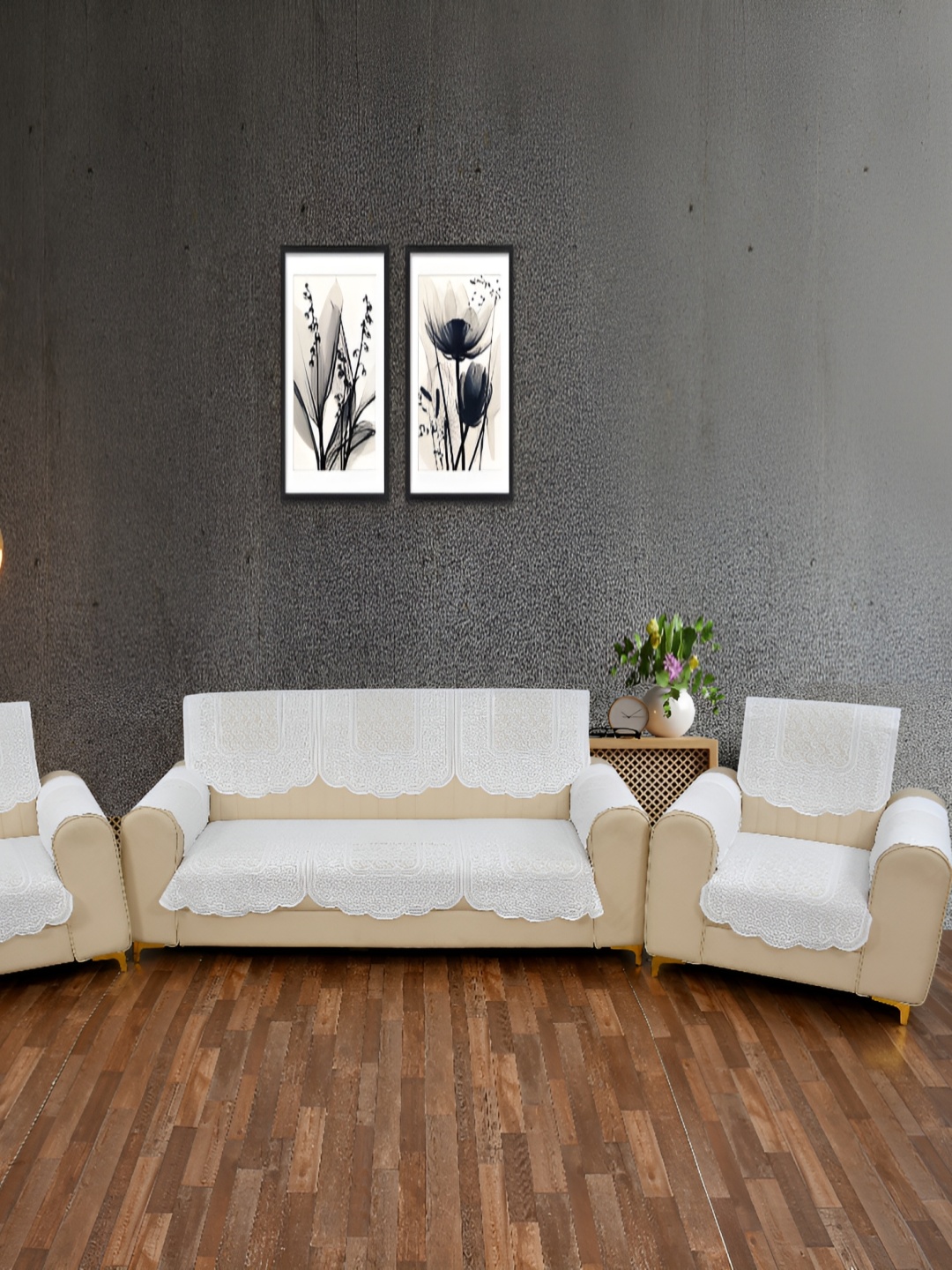 BIGGER FISH White Floral 10 Pieces 5 Seater Sofa Cover