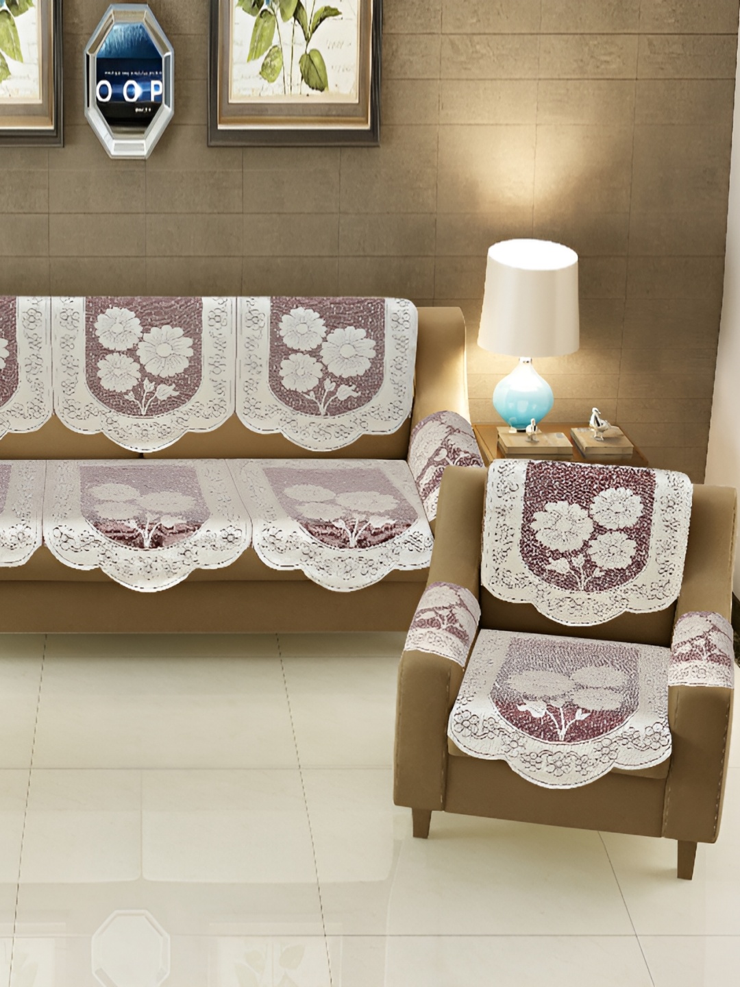 

BIGGER FISH Maroon & Cream Embroidered 5 Seater Sofa Cover