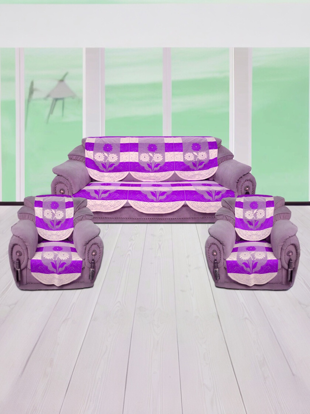 

BIGGER FISH Purple & Pink 10 Pieces Self Design 5 Seater Sofa Cover