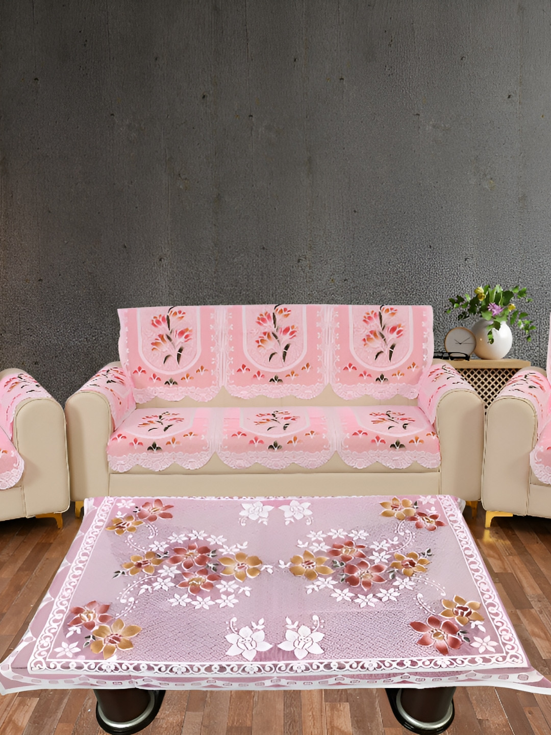 

BIGGER FISH Pink and White 16 Pieces Self Design Sofa Covers