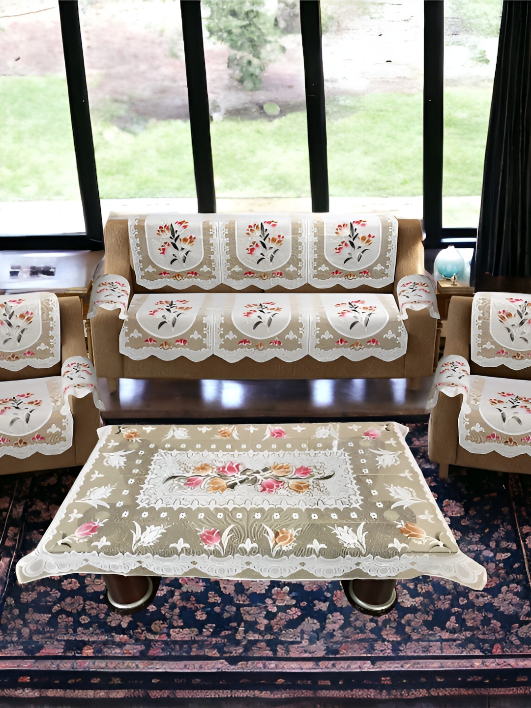 

BIGGER FISH Beige Floral 10 Pieces 5 Seater Sofa Cover