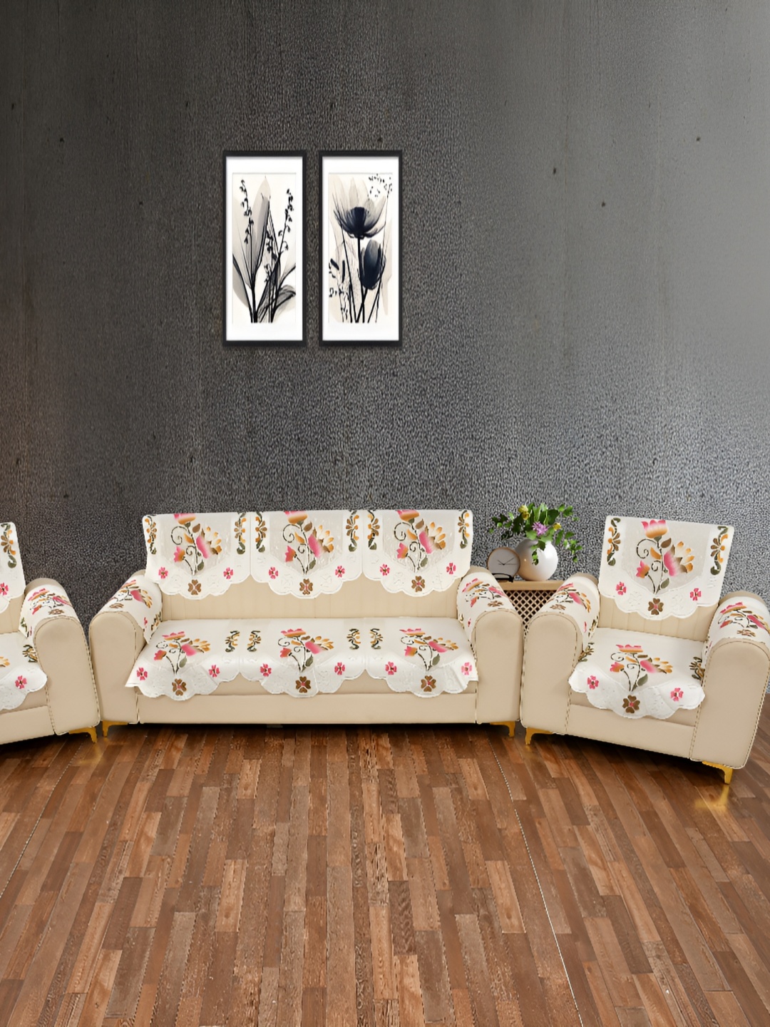 

BIGGER FISH White and Green 6 Pieces Self Design Sofa Covers