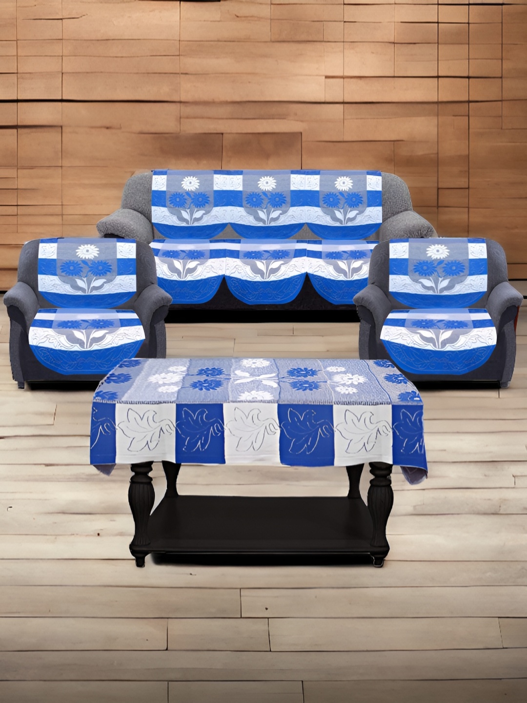 

BIGGER FISH Blue & White Floral Embroidered 10 Pcs 5 Seater Sofa Cover