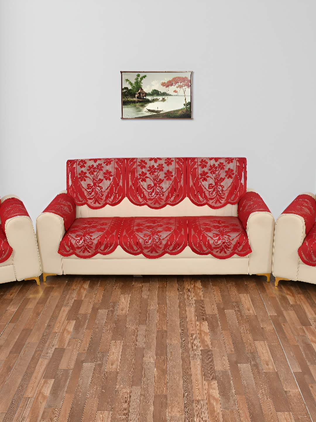 

BIGGER FISH Maroon Floral 6 Pcs 5 Seater Sofa Cover