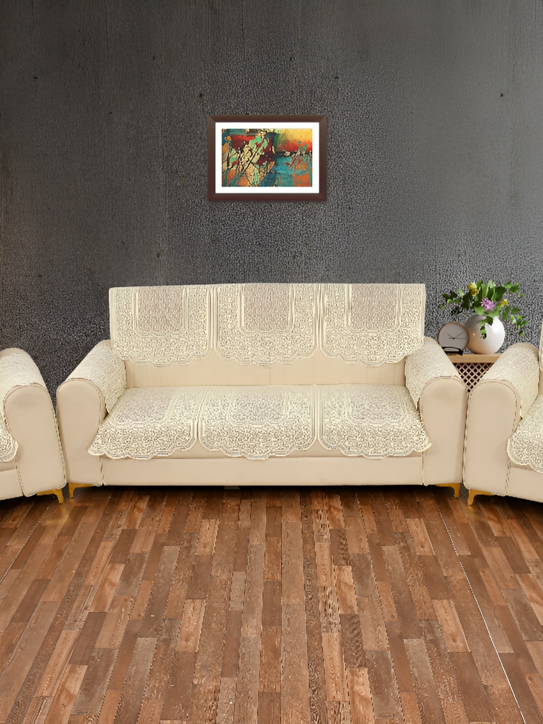 BIGGER FISH Beige 6 Pieces Self Design Sofa Covers