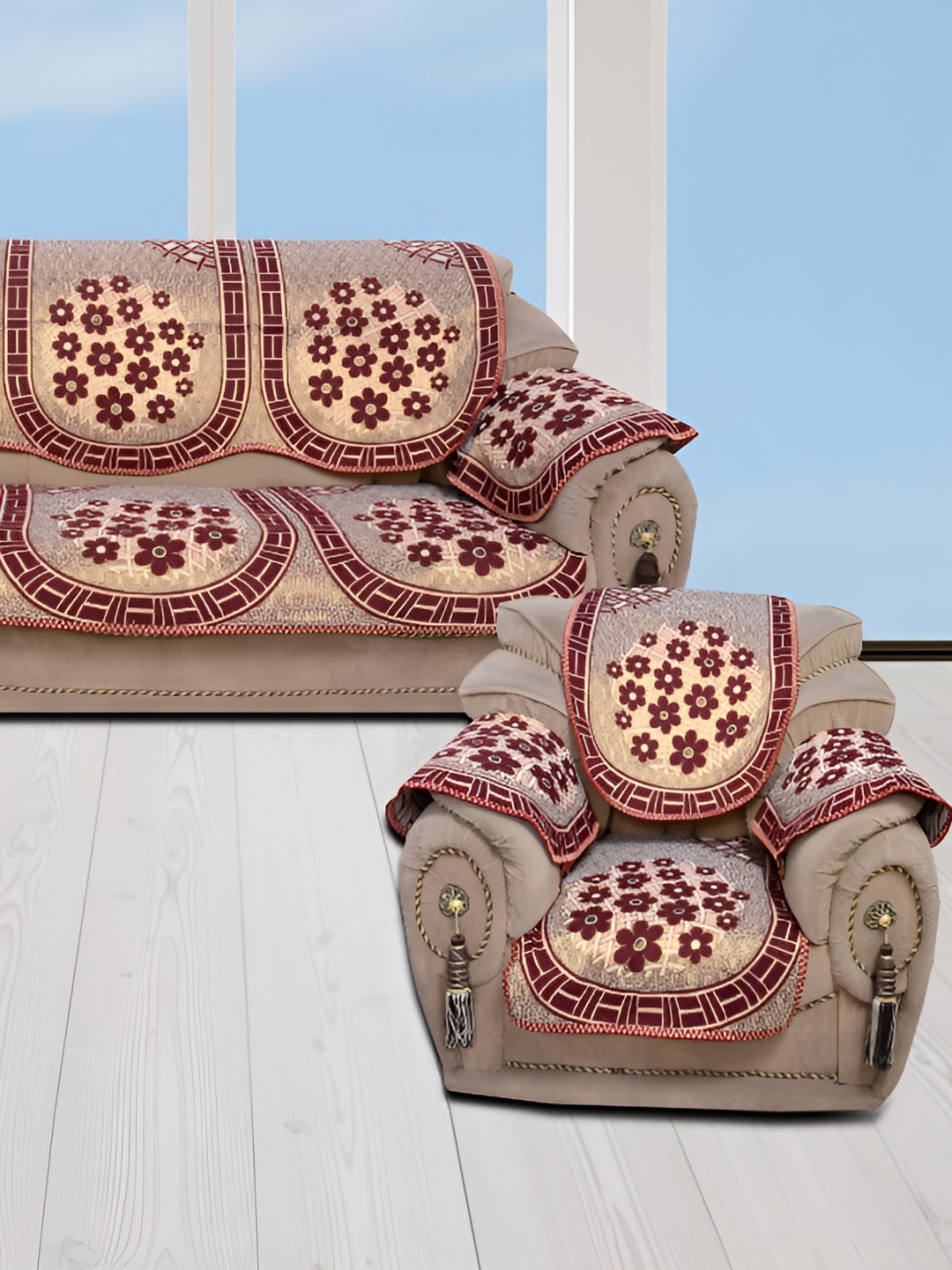 

BIGGER FISH Maroon & Brown 16 Pieces Cotton 5 Seater Sofa Cover