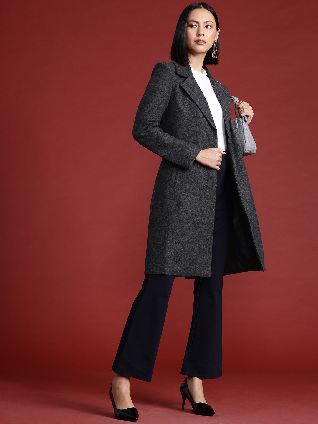 

all about you Notched Lapel Collar Longline Overcoat, Charcoal