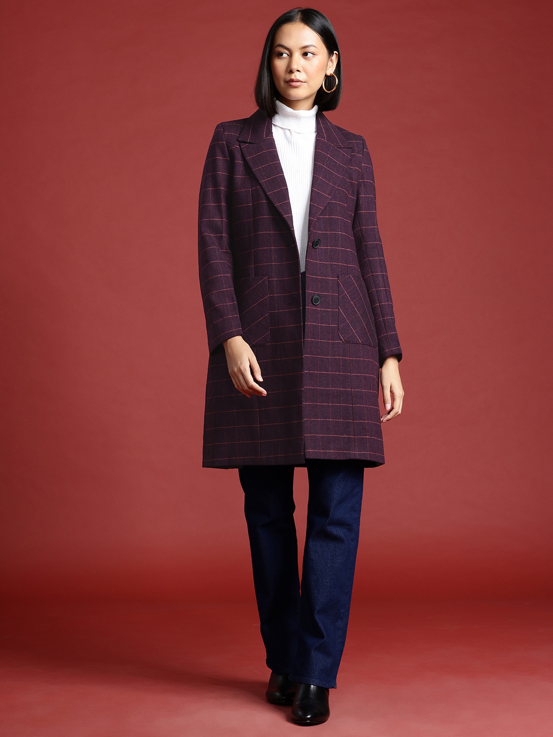 

all about you Windowpane Check Knee Length Overcoat, Burgundy
