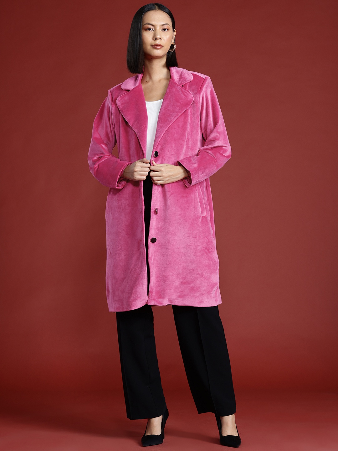 

all about you Notched Lapel Collar Velvet Finish Overcoat, Pink