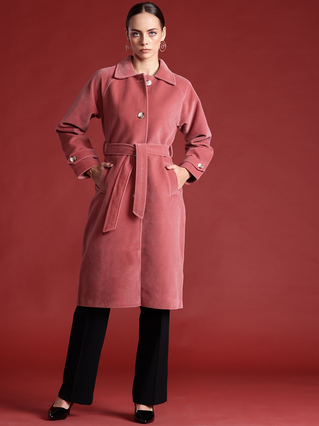 

all about you Single Breasted Longline Velvet Finish Trench Coat, Pink