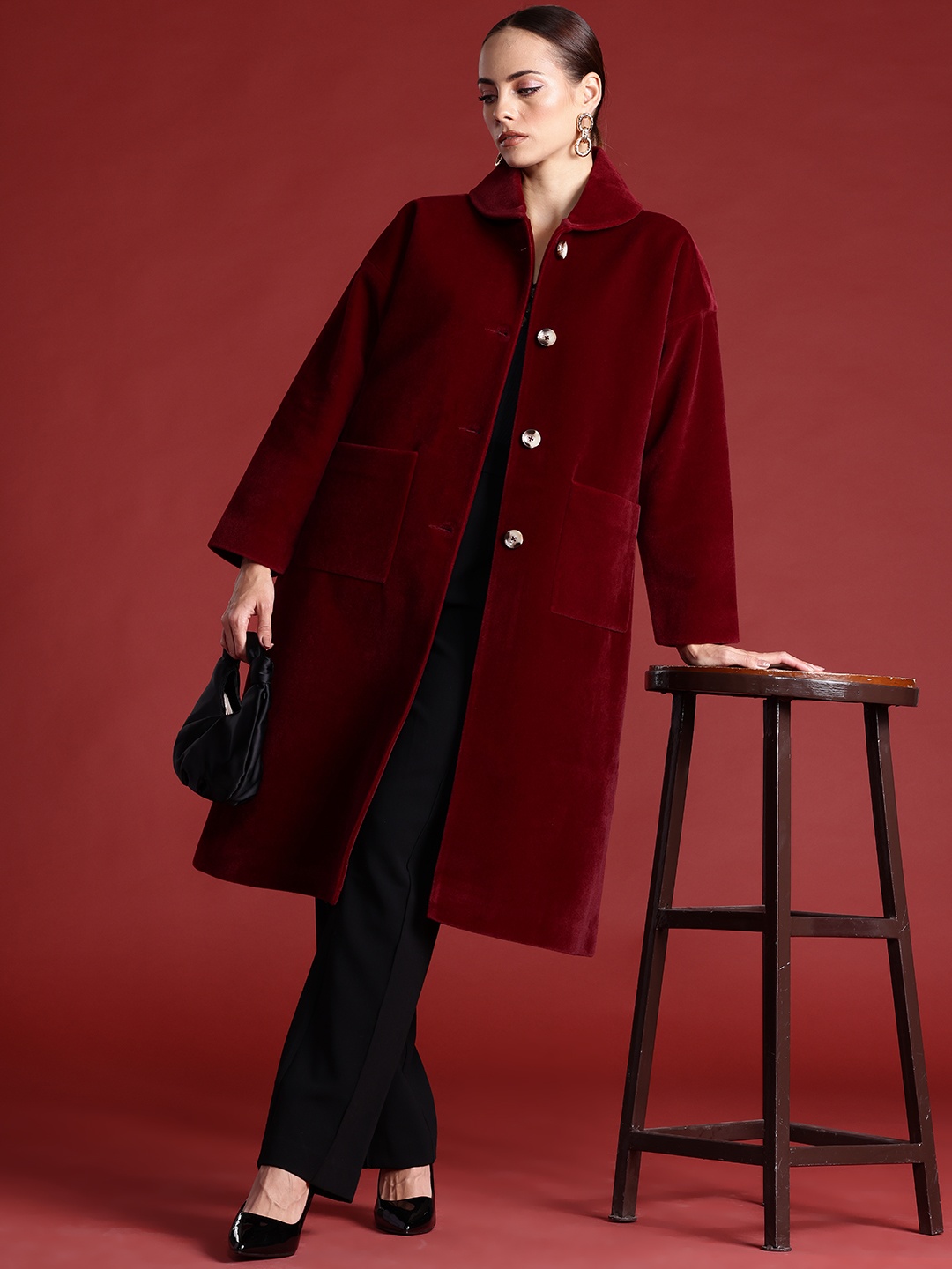 

all about you Single Breasted Longline Velvet Finish Overcoat, Maroon