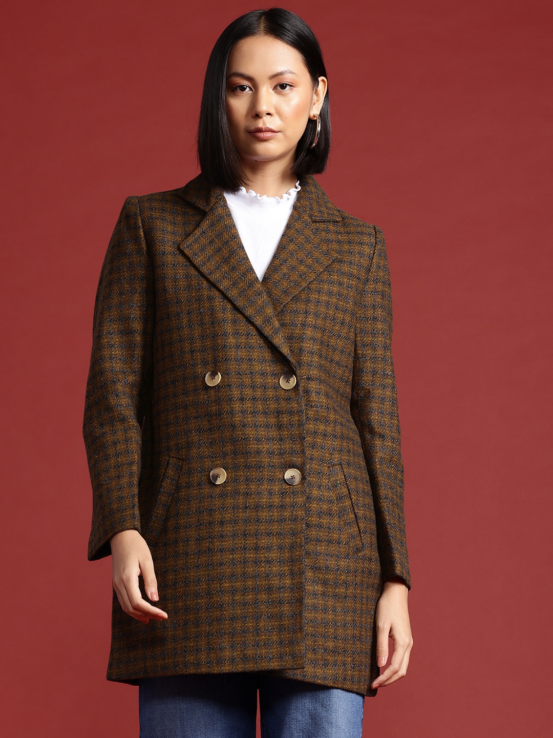 

all about you Checked Double-Breasted Longline Coat, Brown
