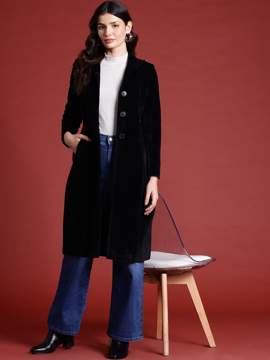 

all about you Velvet Finish Stand Collar Longline Overcoat, Black