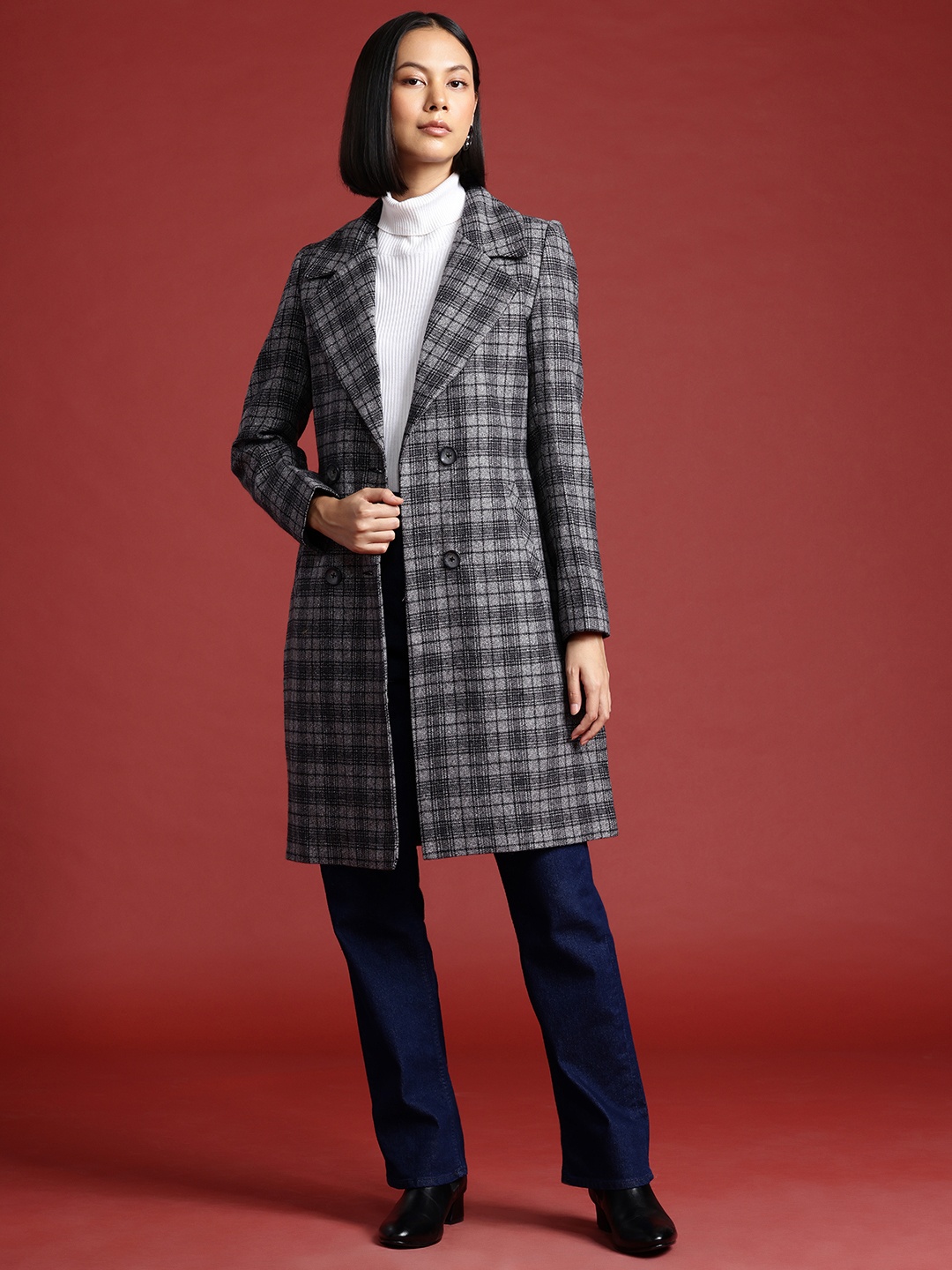 

all about you Checked Knee Length Overcoat, Grey