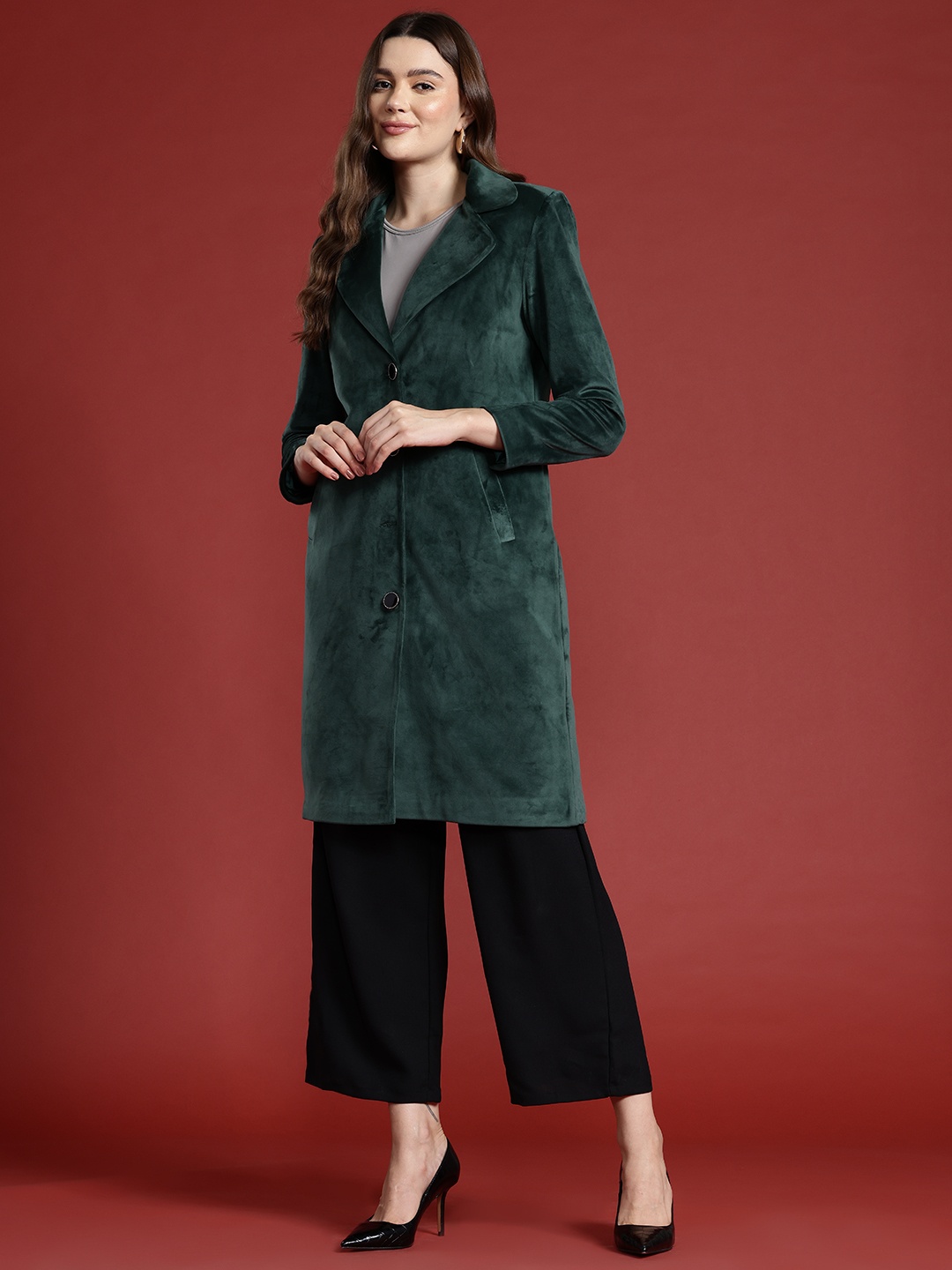 

all about you Velvet Finish Notched Lapel Collar Longline Overcoat, Green