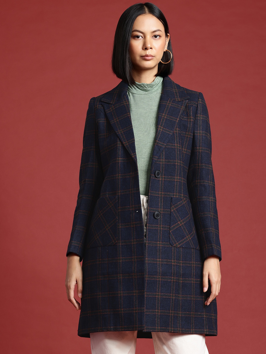 

all about you Checked Longline Overcoat, Navy blue