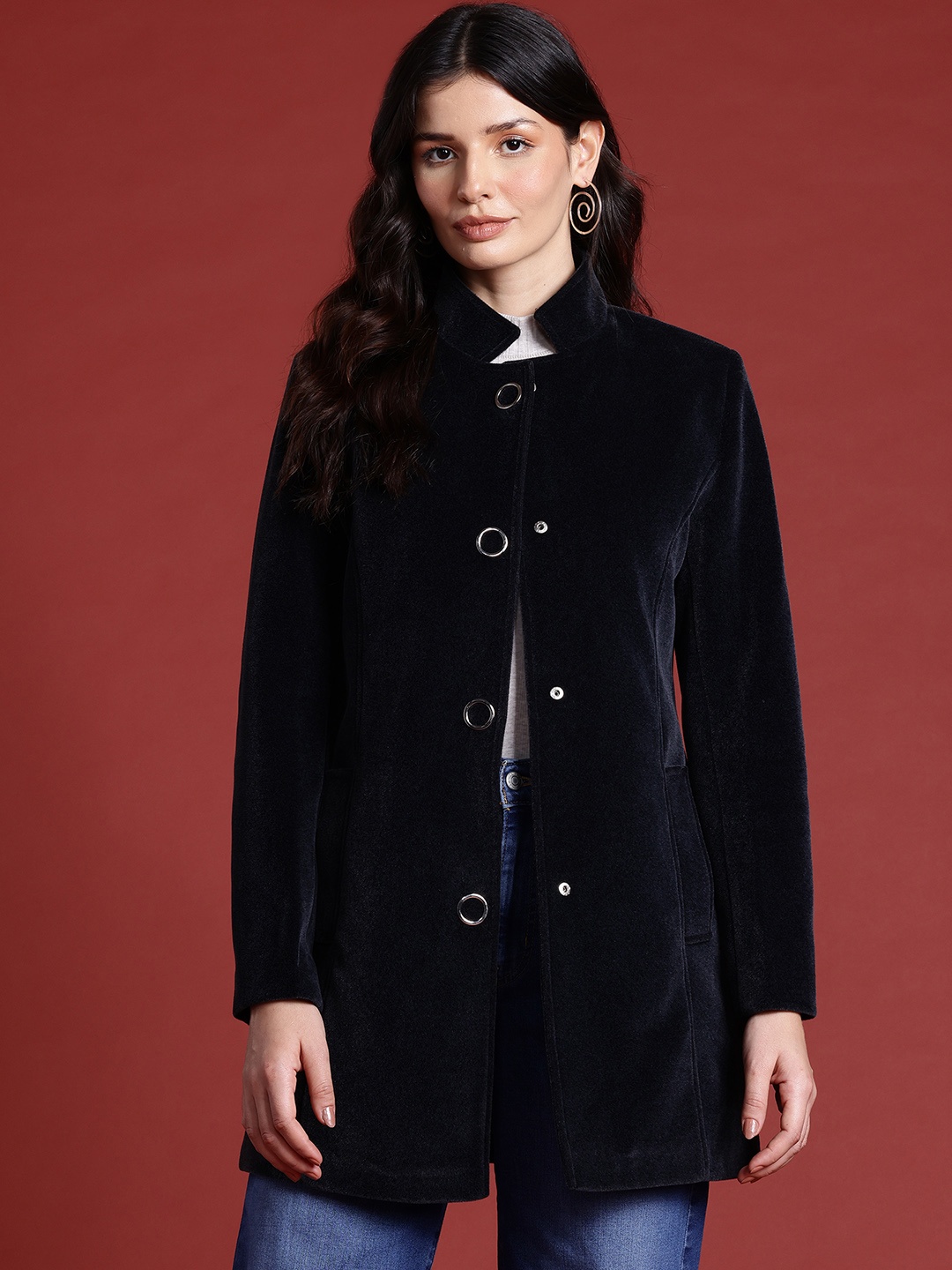 

all about you Velvet Finish Stand Collar Longline Overcoat, Charcoal