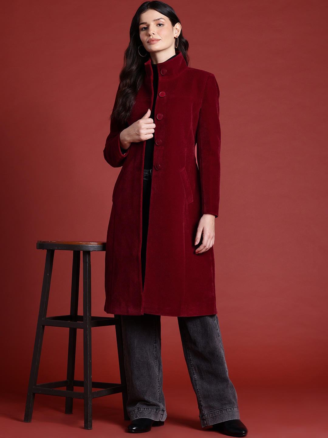 

all about you Velvet Finish Stand Collar Longline Overcoat, Fuchsia