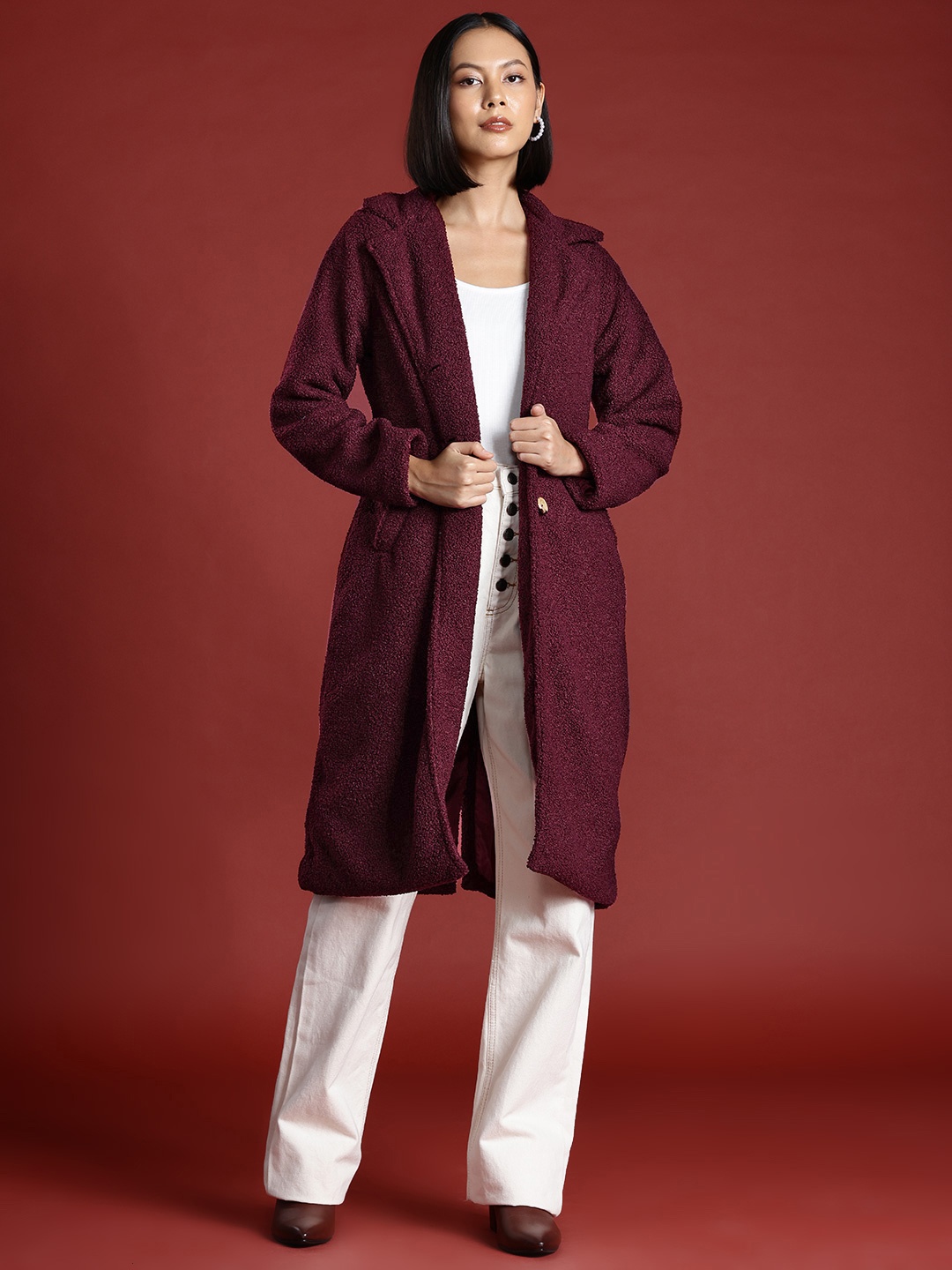 

all about you Notched Lapel Sherpa Longline Overcoat, Burgundy