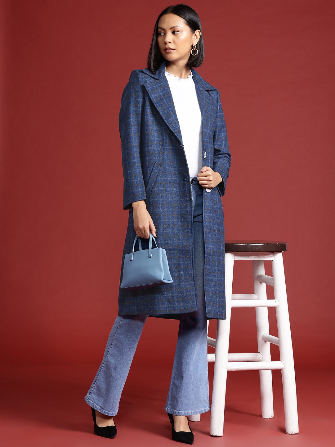 

all about you Checked Single-Breasted Longline Coat, Blue