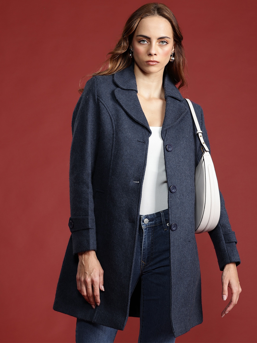 

all about you Notched Lapel Single-Breasted Flannel Overcoat, Navy blue