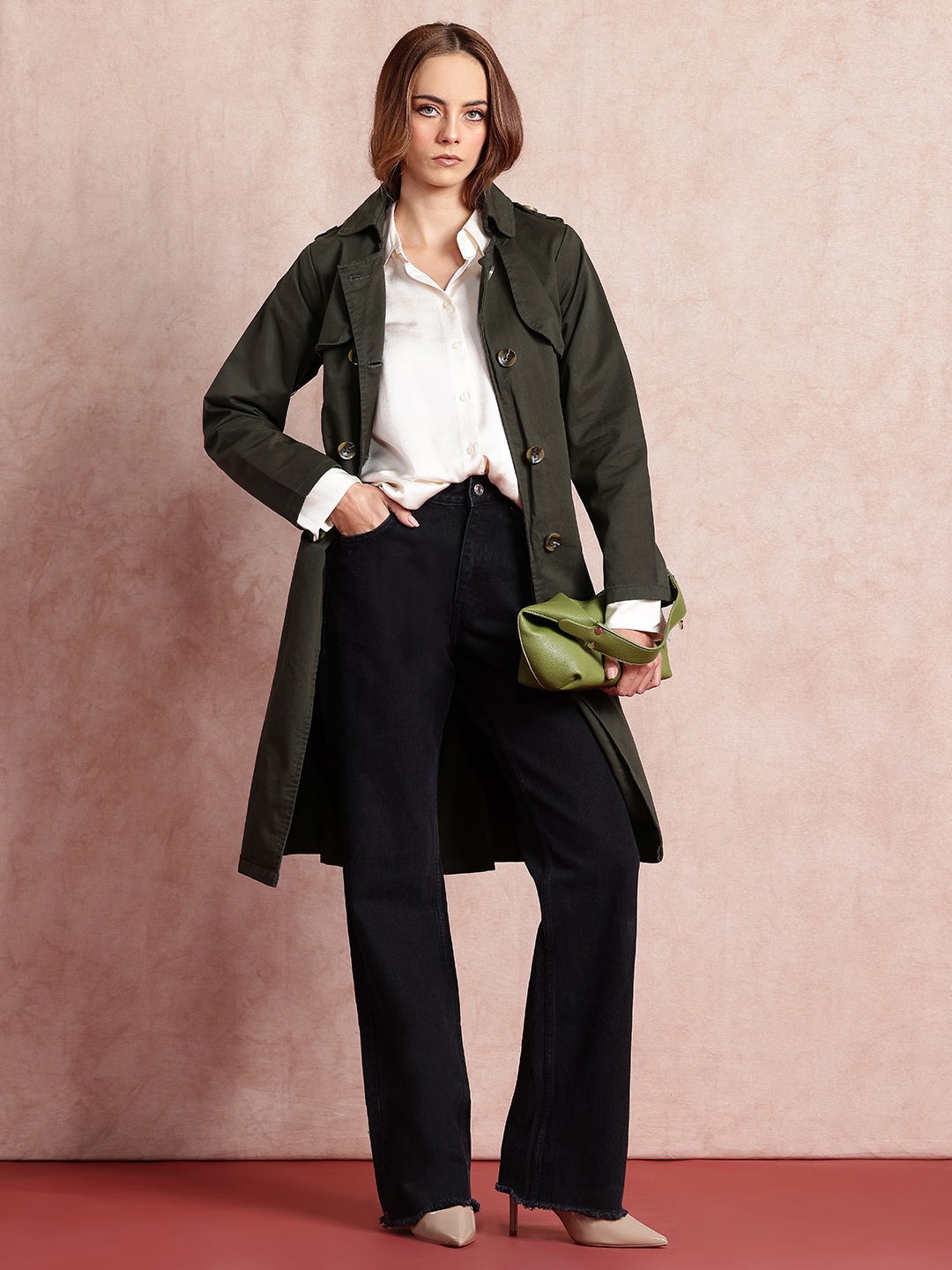 

all about you Knee Length Pure Cotton Trench Coat, Olive