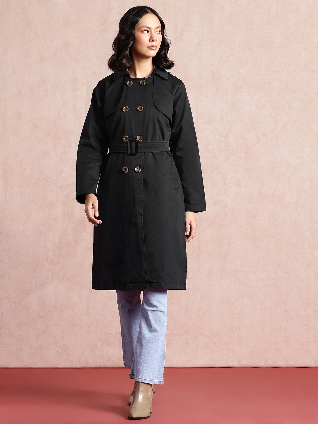 

all about you Knee Length Pure Cotton Trench Coat, Black