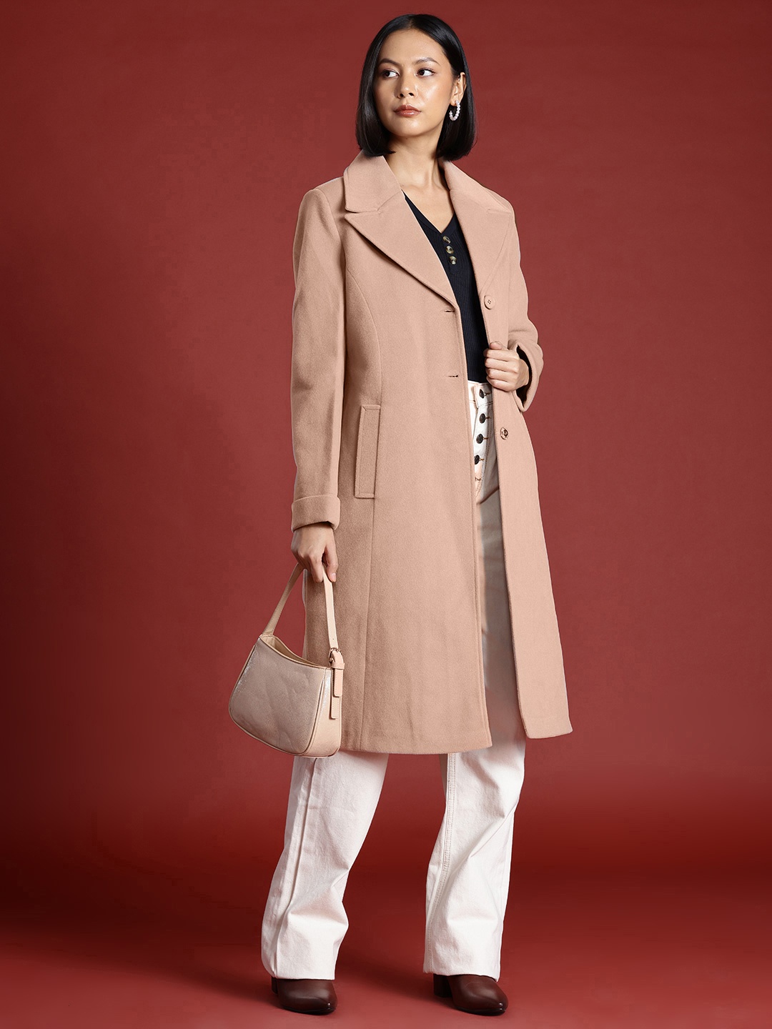 

all about you Notched Lapel Longline Overcoat, Beige